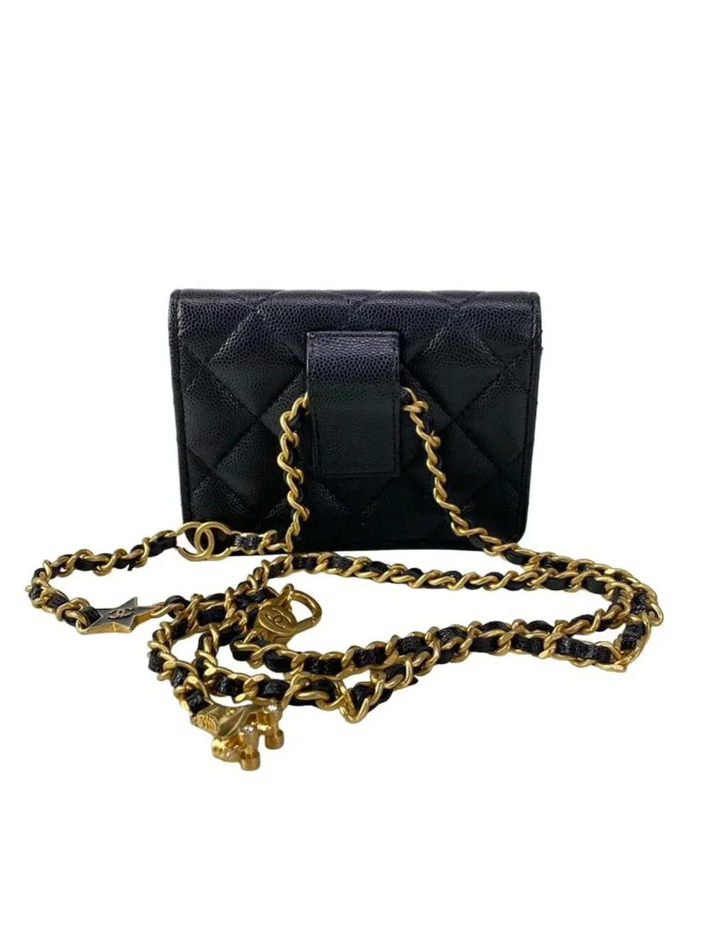 Chanel Waist Pouch Quilted Black Mini Bag Chain Belt Matt Togo